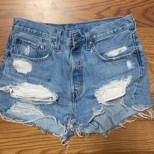 Levi’s 501 Distressed Medium Wash High Waisted Cutoff Denim Jean Shorts
